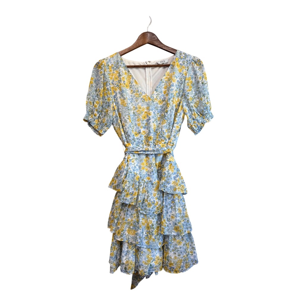Fate Floral Tiered Ruffle Mini Dress Womens L Blue Yellow NEW Puff Sleeve Belted